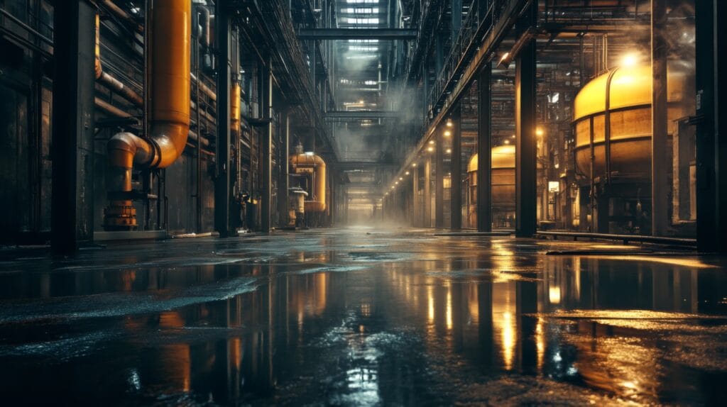 Image of an industrial factory with high humidity and water on the floor