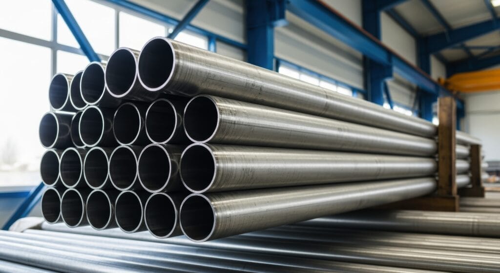 Image of a close up stack of polished steel pipes in a factory warehouse