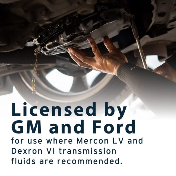 Image explaining this product is licensed by GM and Ford for use where Mercon LV and Dexron VI transmission fluids are recommended.
