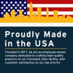 Image of Cleveland skyline over the American flag with the text: "Proudly Made in the USA"
