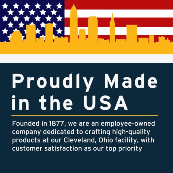 Image of Cleveland skyline over the American flag with the text: "Proudly Made in the USA"