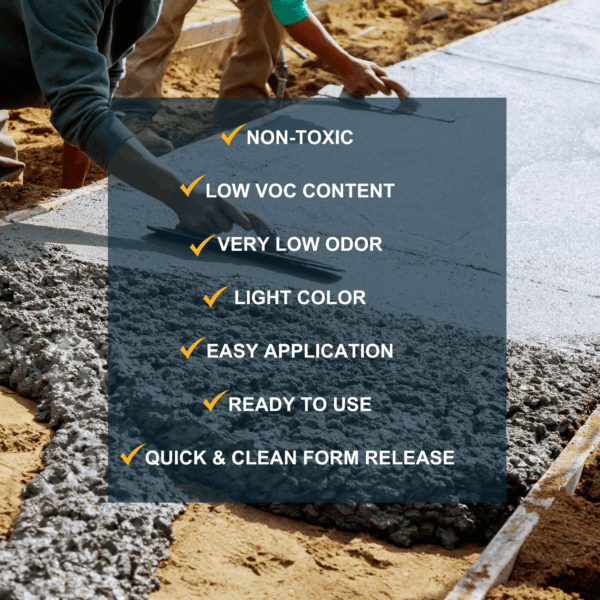 Image describing how this product is non-toxic, low VOC content, very low odor, light color, easy application, ready to use, quick and clean form release