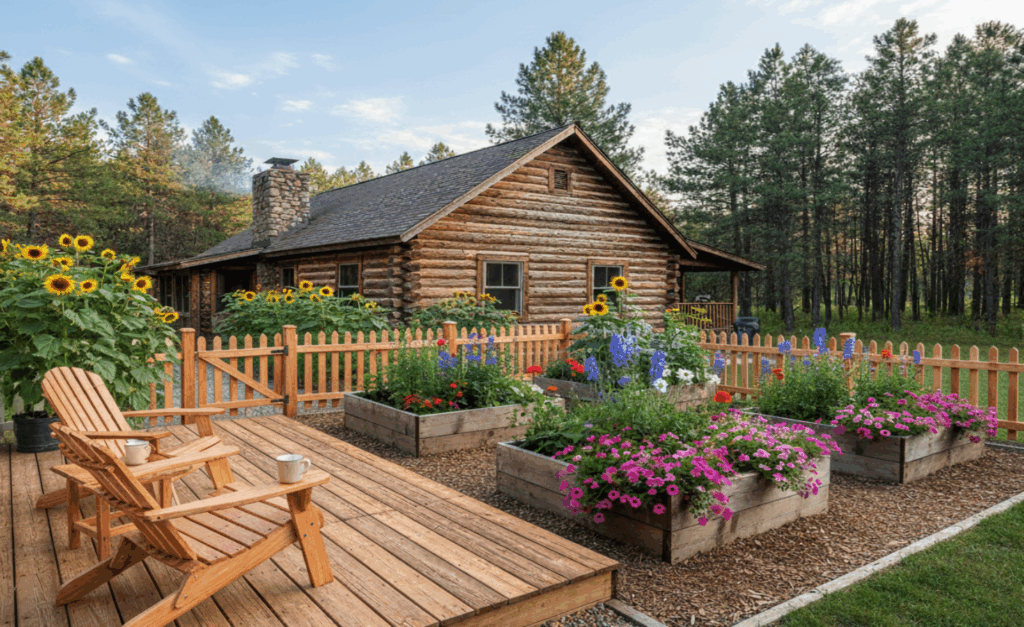 Image of a log cabin and its backyard with different use cases of wood sealer.
